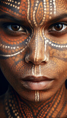 Closeup Portrait Of An Aboriginal Australian Woman's Face Wearing Face Paint – Generative AI