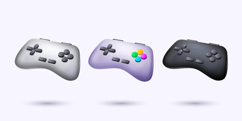 3d game joystick. Control gamer toy, game pad for play in videogames, video joypad render isolated elements different colors, joy pad device. Computer devices with buttons vector cartoon object © SpicyTruffel