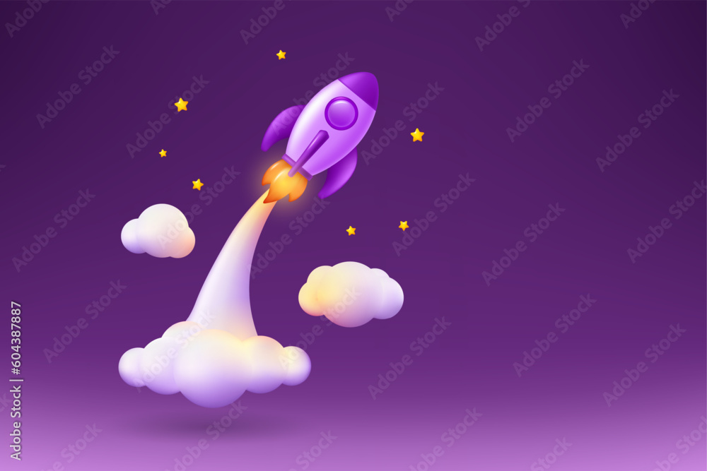 Aufkleber 3d rocket launch. space start, business startup idea web banner template, ship in sky, bitcoin or sc