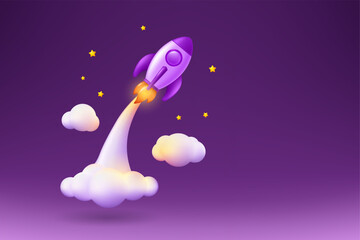 3d rocket launch. Space start, business startup idea web banner template, ship in sky, bitcoin or science education shuttle, innovation product. Vector render illustration background