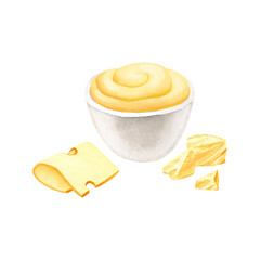 Watercolor bowl with cheese sauce made of blended cheese. Hand-drawn illustration isolated on white background. Perfect concept for food, design packing, concept for cafe, restaurant element.
