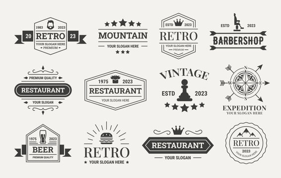 Retro hipster logo. Design label elements. Seal and old emblem. Typography text in logotype. Flourish and ribbon. Barbershop or restaurant icons. Vector vintage decoration stamps set