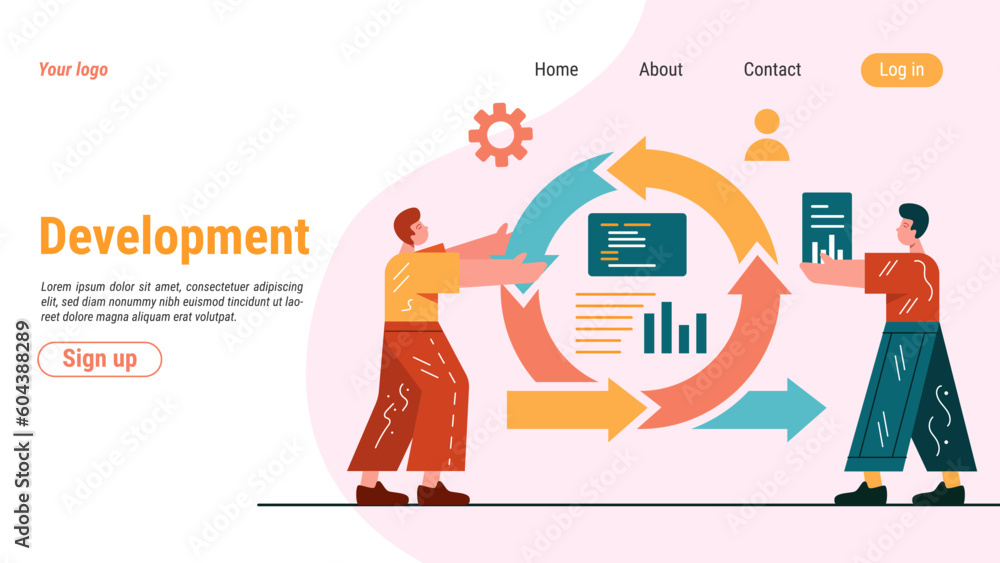 Aufkleber Manage of agile software. Landing page. Methodology of development. Efficient management app. Cycle infographic. Workflow diagram. Business concept. Vector website interface template