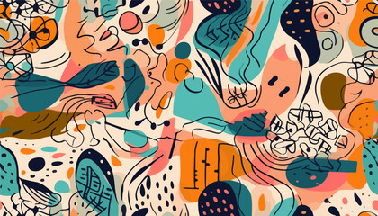 Abstract hand drawn doodle print. Trendy cartoon style. Different shapes and textures. Colorful modern design