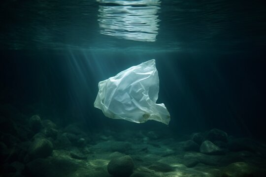 White plastic bag in the ocean or sea. Underwater waste. Pollution problems. Generative Ai.