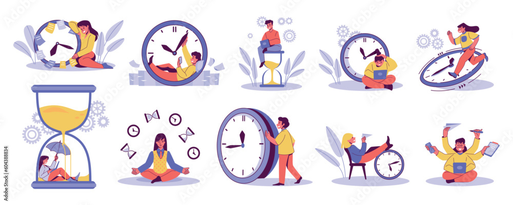 Poster Computer work. Time management. Schedule control by watch. People with timer and hourglass. Efficient worker. Productive office organize. Tasks or goals planning. Vector concepts set