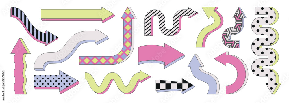 Poster Arrows flat set. Abstract arrow with simple patterns. Memphis design, colorful cartoon trendy sign for banner, presentation or infographic. Direction icons, route pointers vector outline icons