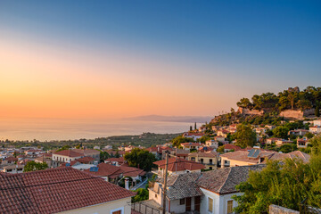 Sunset view over the picturesque coastal town of Kyparissia located in northwestern Messenia, Trifylia, Peloponnese, Greece.