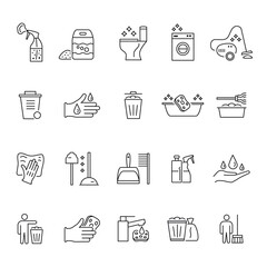 Cleaning service. Line household icons. Wet wipe dust. Vacuuming and mopping. Cleaner spray bottle. Hygiene equipment for laundry. House cleanup. Vector housekeeping flat symbols set