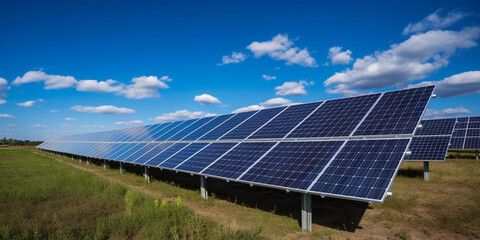 Blue solar panels on sky background. Solar power plant. Solar farm, Alternative source of electricity. Power plant. Solar photovoltaic rows array of ground mount system. Generative AI