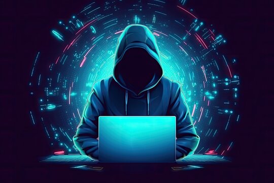 hacker stealing data .  Anonymous cute hacker. Concept of hacking cybersecurity, cybercrime, cyberattack . hacker with laptop computer