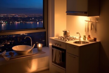 tiny minimalist kitchen stove with sink small appartement - obrazy, fototapety, plakaty