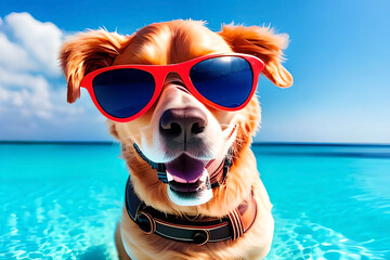Funny cheerful dog in sunglasses on the background of blue water, outdoor pool, copy space. Beach vacation and travel concept