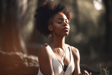Fototapeta na wymiar African American woman doing yoga in the morning in the park. Photorealistic illustration generative AI.
