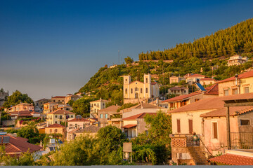 Fototapeta na wymiar Sunset view over the picturesque coastal town of Kyparissia located in northwestern Messenia, Trifylia, Peloponnese, Greece.