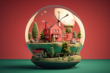 3D render of a house in a glass sphere with a windmill and trees, a miniature world created with Generative AI