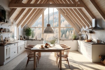 traditional scandinavian kitchen and dining table - obrazy, fototapety, plakaty