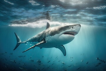 A great white shark near the surface next to a fish in the blue ocean
