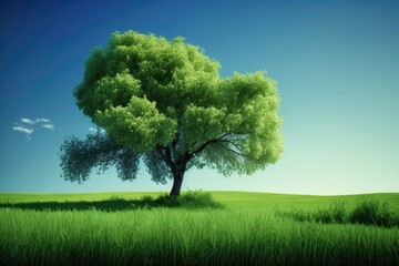 Fototapeta na wymiar A tree in a green meadow with a bush against a blue sky on a sunny day
