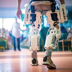Close up on man walking with help of an exoskeleton at the hospital, Assistant robotic legs concepts,AI generated. - obrazy, fototapety, plakaty