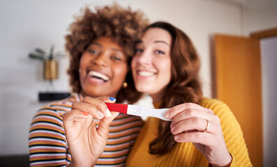Unfocused smiling young lesbian multiracial couple looking at camera and holding positive pregnancy...