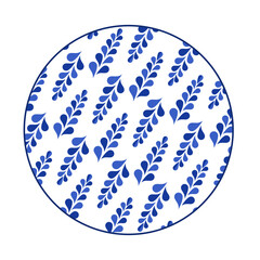 Porcelain plate with traditional blue on white design in Asian style. design pattern for background, plate, dish, bowl, lid, tray, salver, vector illustration art embroidery. leaf pattern plate.