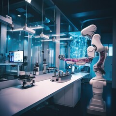Modern Futuristic Equipment,Technological Prosthetic Robot Arm in a High Tech Research Laboratory,AI generated.