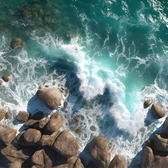 Ocean waves on the rocks as a background. Beautiful natural summer vacation background holiday. Aerial top down view of rocks and sea with blue water
