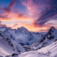 Sunset on snowy mountain top, Rocky Mountains, Beautiful panorama natural sunset, Holiday Travel Skiing