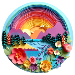 Fototapeta na wymiar Beautiful landscape with mountains, forest and flowers, paper art, 3d illustration, Generative AI