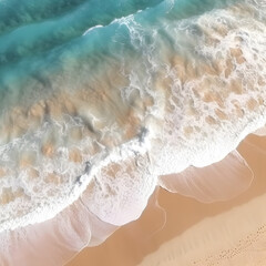 Ocean waves on the beach as a background. Beautiful natural summer vacation background holiday. Aerial top down view of beach and sea with blue water