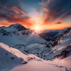 Sunset on snowy mountain top, Rocky Mountains, Beautiful panorama natural sunset, Holiday Travel Skiing
