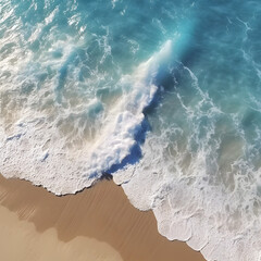 Ocean waves on the beach as a background. Beautiful natural summer vacation background holiday. Aerial top down view of beach and sea with blue water