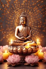 A generated image of Buddha meditating with lotus and candles. (Generative AI)