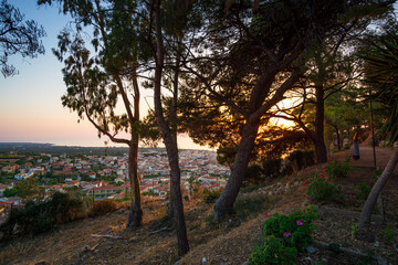 Fototapeta na wymiar Beautiful sunset view from the historical castle of Kyparissia coastal town at sunset. Located in northwestern Messenia, Peloponnese, Greece, Europe