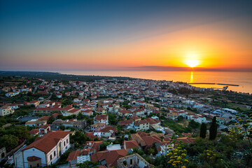 Beautiful sunset view by the historical castle of Kyparissia coastal town at sunset. Located in northwestern Messenia, Peloponnese, Greece, Europe.