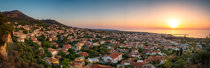 Beautiful sunset view by the historical castle of Kyparissia coastal town at sunset. Located in northwestern Messenia, Peloponnese, Greece, Europe.