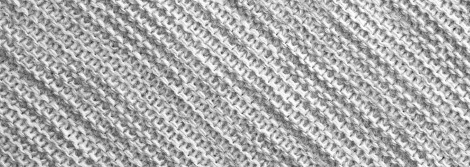 White knitted fabric as background, top view. Banner design