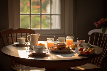 home kitchen, breakfast area, dining room, with food on the table, freshness, nutritious and flavorful ingredients, food preparation, cook and serve 