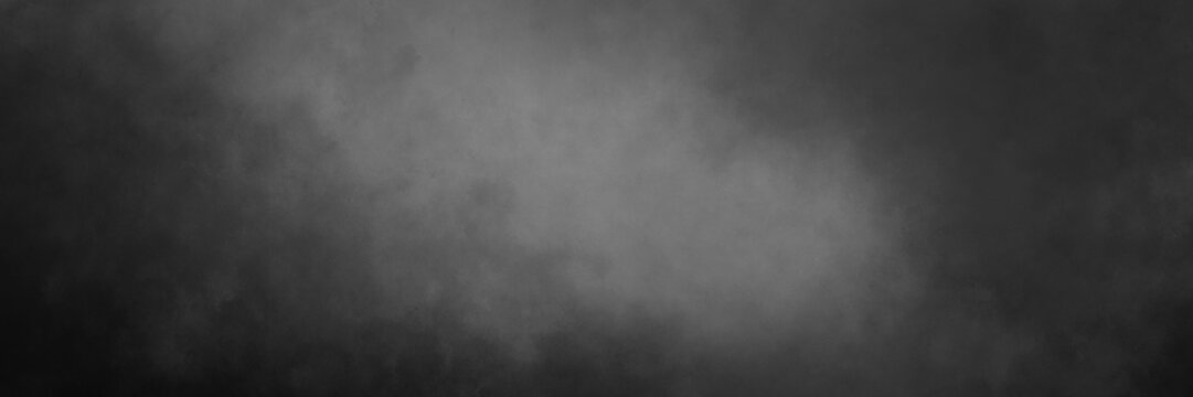 Black background, cloudy smoke or fog border with white center spotlight, abstract elegant dark black background with textured smoke design