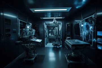AI harwdware doctor in a super modern operating room of the future filled with high-tech medical equipment generative ai