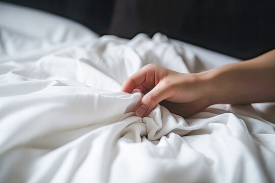 Female hand on soft bed pulling white sheets on bedroom hotel. Pleasure, erotic, ecstasy, orgasm, sex, intimacy and love and concept. Generative AI.