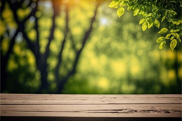 Naklejka na ściany i meble wooden table, product placement, green nature, garden background, grassy foreground wooden table, blurred green nature