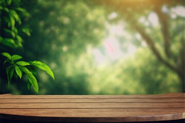 Fototapeta na wymiar wooden table, product placement, green nature, garden background, grassy foreground wooden table, blurred green nature