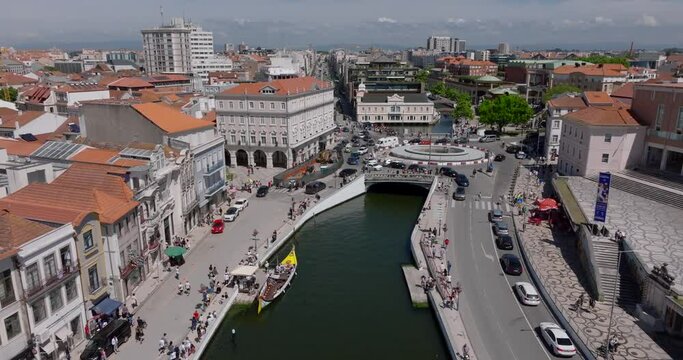 Architecture of the old city center of Aveiro, Portugal. View of buildings and canals.