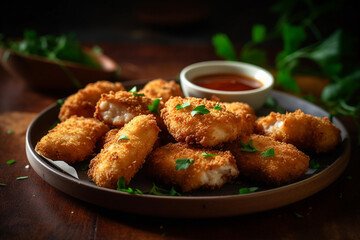 Plate of freshly cooked chicken nuggets product photography. Ai generated - 604394419