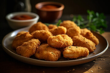 Plate of freshly cooked chicken nuggets product photography. Ai generated