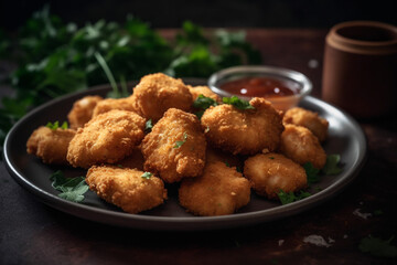 Fototapeta premium Plate of freshly cooked chicken nuggets product photography. Ai generated