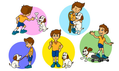 Niño jugando con perro pequeño blanco