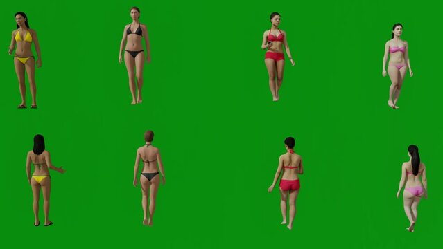 3d of several different female swimmers on green screen walking and exercising in bikinis on the beach in multiple angles in 4k chroma render animation full hd animated 